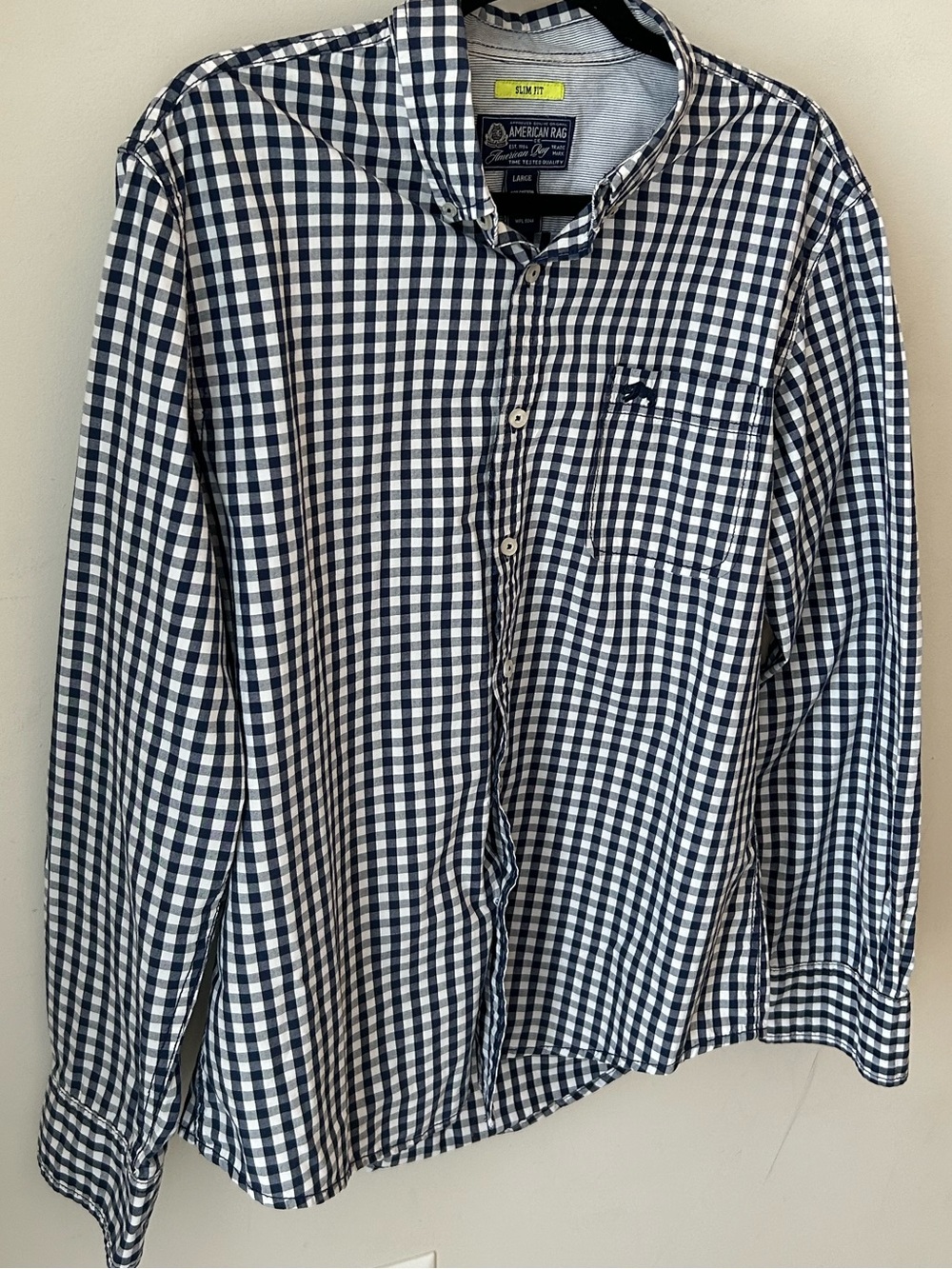 American Rag Slim Fit Navy Gingham Button Down Shirt Men’s L 16 inch neck - Picture 2 of 12